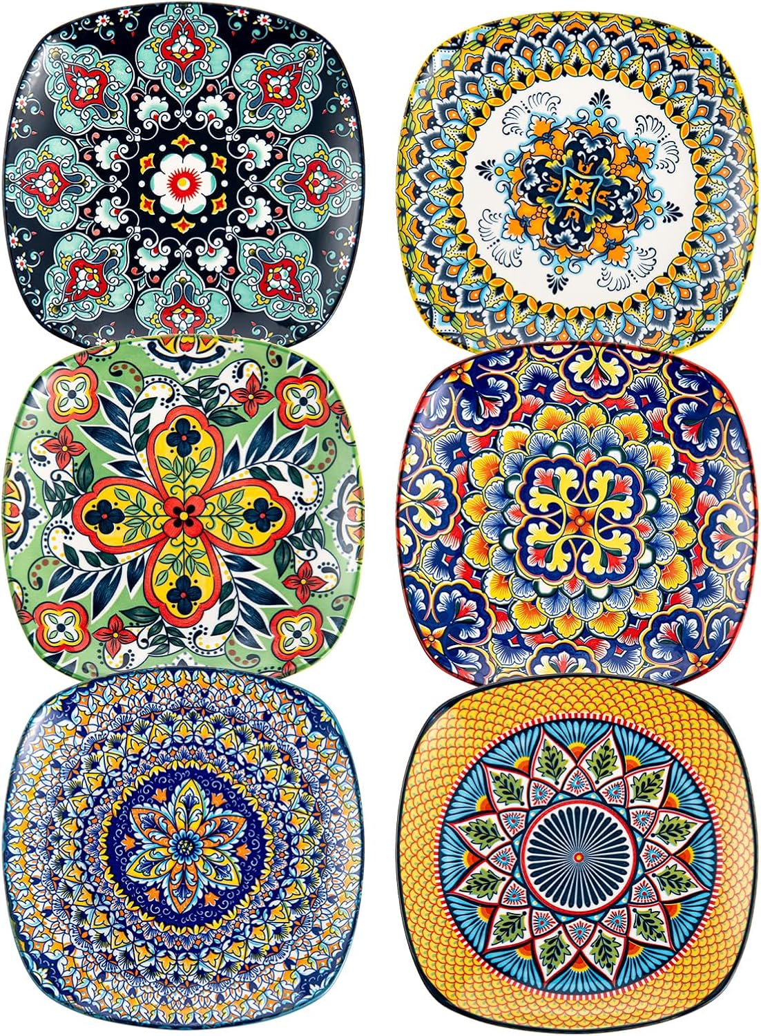 HENXFEN LEAD Appetizer Plates Set of 6, 7.3 Inch Ceramic Dessert Plates, Square Salad Plates, Colorful Small Plates for Kitchen, Snack, Cake, Microwave & Dishwasher Safe